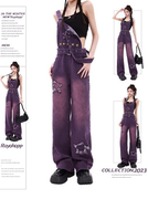 pmorh紫色牛仔背带裤女春季美式复古高腰，宽松阔腿连体裤裤子