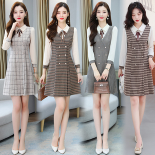 秋冬季女士连衣裙修身长袖，打底裙格子，韩版假两件裙子胖mm显瘦时尚