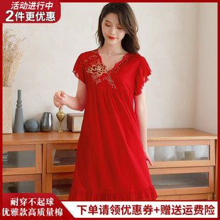 高贵红色睡裙女士夏季中年，妈妈短袖纯棉宽松大码睡衣莫代尔家居服