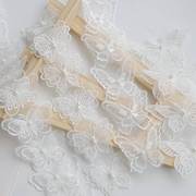 白色双层欧根纱蕾丝花边钉珠，蝴蝶结服装婚纱，礼服衣帽辅料一件