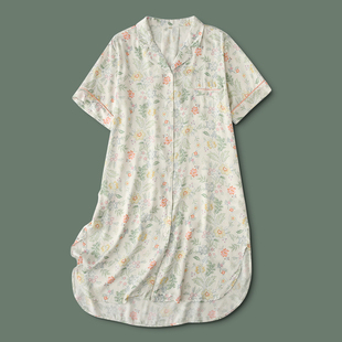 睡衣女夏棉绸贡缎莫奈花园，短袖衬衫裙薄款碎花，家居服清凉人棉睡裙