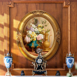 欧式古典花卉风景美式油画椭圆形，壁画餐厅卧室玄关装饰画手绘挂画