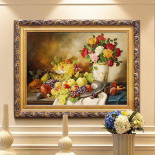 纯手绘静物油画欧式餐厅，装饰画沙发背景墙，画美式客厅有框壁画水果