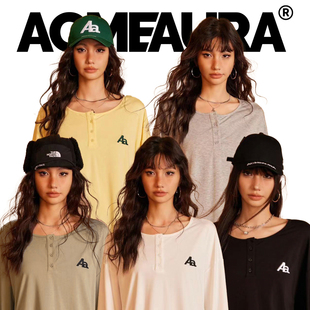 acmeaura设计感五色休闲宽松圆领，开叉长袖t恤上衣打底衫女