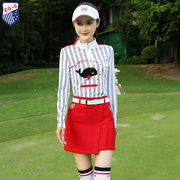 春秋季ZG-6高尔夫女装球服装女士套装长袖竖条上衣T恤大红短裙裤