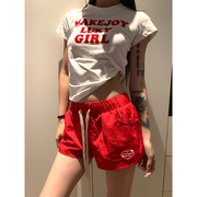 JMJ春夏美式复古休闲运动修身抽绳短裤男女薄款休闲直筒三分裤