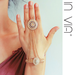invia波西米亚风饰品印度希腊风金手镯连指戒指一体手背链可调节