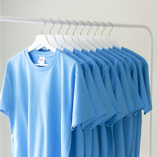 230g翠蓝湖蓝色纯棉短袖，2020夏季男女，纯色圆领宽松情侣t恤