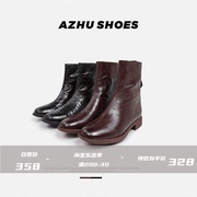 AZHU SHOES双色羊皮方头短靴女粗跟中跟圆头拉链时尚真皮马丁靴