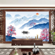 新中式山水水墨国画茶室客厅，装饰画电视沙发背景墙，贴风景壁纸自粘
