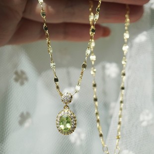 s925纯银天然橄榄石波光粼粼锁骨，链满钻绿色，水晶宝石吊坠项链超闪