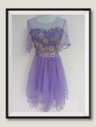珍思薇尼女夏装紫色圆领显瘦裙褶皱拼接短袖公主风A字连衣裙