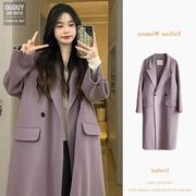 韩版甜美风纯色大衣女，秋冬季赫本风，小个子中长款紫色大衣外套