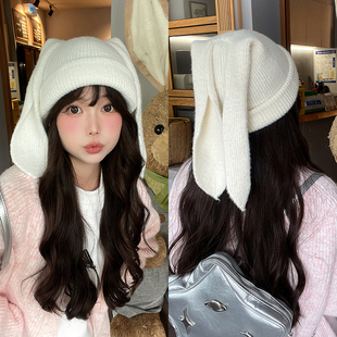 韩国可爱针织兔耳朵帽，子女秋冬保暖毛绒护耳，网红ins包头冷帽百搭