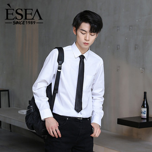 工装纯白色黑色衬衫纯色男士长袖衬衣暗斜纹职业修身商务