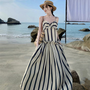 泰国海南三亚海边度假旅游高级感竖条纹，连衣裙女夏季木耳边吊带裙
