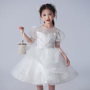 小女孩白色婚纱裙子儿童蓬蓬，公主花童演出礼服，女童连衣裙夏季短袖
