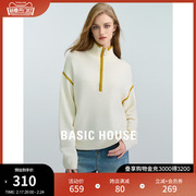 Basic House/百家好撞色立领毛衣外套2024春季设计感羊毛针织衫女