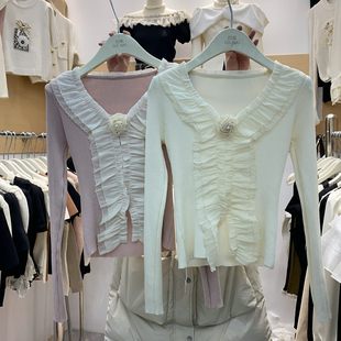 时尚韩版设计感长袖单排扣v领蕾丝花边短款修身显瘦针织衫上衣女