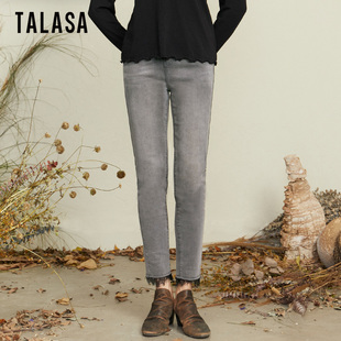 TALASA烟灰色牛仔裤2023秋冬设计蕾丝修身显瘦高腰小脚铅笔裤
