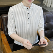 亚麻衬衫男短袖衬衣夏季棉麻男士，韩版休闲条纹，男装立领七分袖衣服