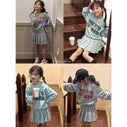 韩国春装女童学院风，卫衣运动套装儿童休闲百褶半身裙，短裙子2件套