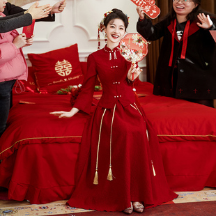 敬酒服新娘旗袍2024酒，红色订婚礼服连衣裙，中式结婚蕾丝长袖女