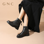 GNC时装靴子女2023冬季短靴圆头真皮低跟后拉链瘦瘦靴妈妈鞋