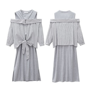 韩版设计感连衣裙女2022春季条纹衬衫拼接露肩假两件长袖长裙