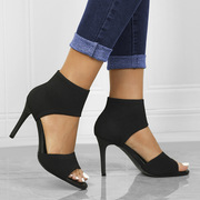 heels2024欧美中跟女鞋舒适超高跟，显瘦黑色飞织细跟鱼嘴凉鞋
