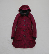 冬春秋通勤女紫红色，连帽立领单排扣修身中长款羊毛呢大衣