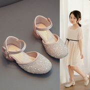 女童单鞋2024夏款表演出女孩钢琴模特高跟水晶鞋子，公主夏季小皮鞋