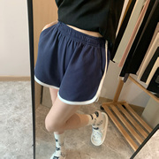 夏季美式短裤，女松紧腰美式复古休闲藏青色，高腰运动裤热裤