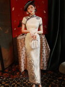 米白色旗袍2023年改良复古中国风长款民国老上海高级感连衣裙