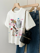 可爱猫咪兔子图案短袖字母印花甜美设计纯棉夏季T恤修身辣妹上衣
