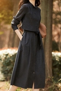 连衣裙女法式立领长袖裙子，2024春季气质高腰，显瘦假两件套长裙