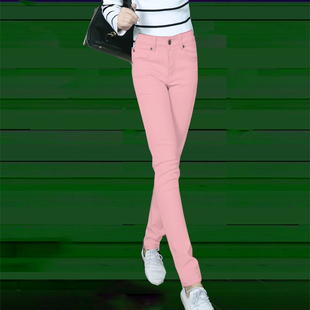 2023年秋冬韩版修身显瘦弹力彩色铅笔裤粉色可爱小脚牛仔长裤