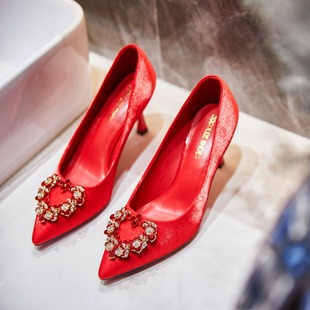 靓典红色高跟鞋婚鞋2022年新娘，鞋结婚鞋，秀禾婚纱两穿中式单鞋