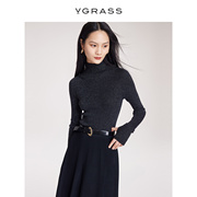 vgrass复古灰色羊绒真丝针织衫，春季半高圆领设计vzz4o12100