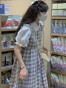 格子背带连衣裙少女夏季2023初中学生日系复古甜美裙子两件套