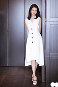 2020韩版连衣裙女秋名媛气质西装领无袖单排扣长裙显瘦白色仙