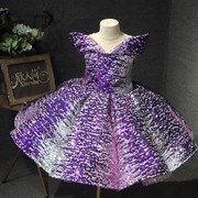 短款礼服蓬蓬裙紫色亮片女童主持人走秀舞台表演礼服裙奢华演出服