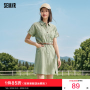 森马连衣裙女纯棉收腰工装裙复古2025夏季新款军绿色翻领短裙简约