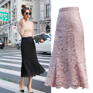 法式蕾丝鱼尾裙女黑色包臀2023粉色中长款原创时尚优雅小众半身裙