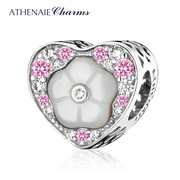 athenaie粉色心形母贝花朵，串饰925银珠子，diy手链珠子送女友礼物