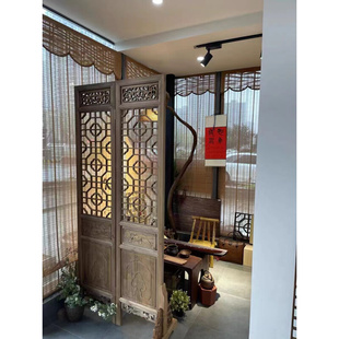 中式做旧屏风客厅实木隔断装饰可折叠移动仿古花格屏风办公室