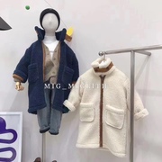 冬季韩版洋气男女儿童藏蓝色羊羔毛绒外套长款宝宝