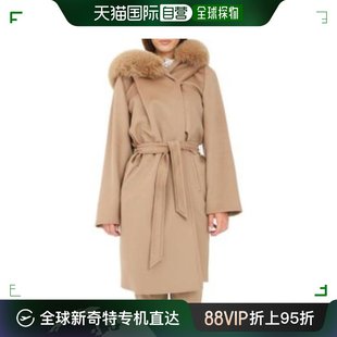 99新未使用香港直邮maxmara女士卡其色羊毛，饰有毛领系带大