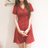 红色法式v领复古韩系高腰a字雪纺波点连衣裙女夏季很仙的茶歇裙子