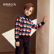 rbigx瑞比克童装冬季儿童，套头男童毛衫，几何花版撞色圆领针织衫